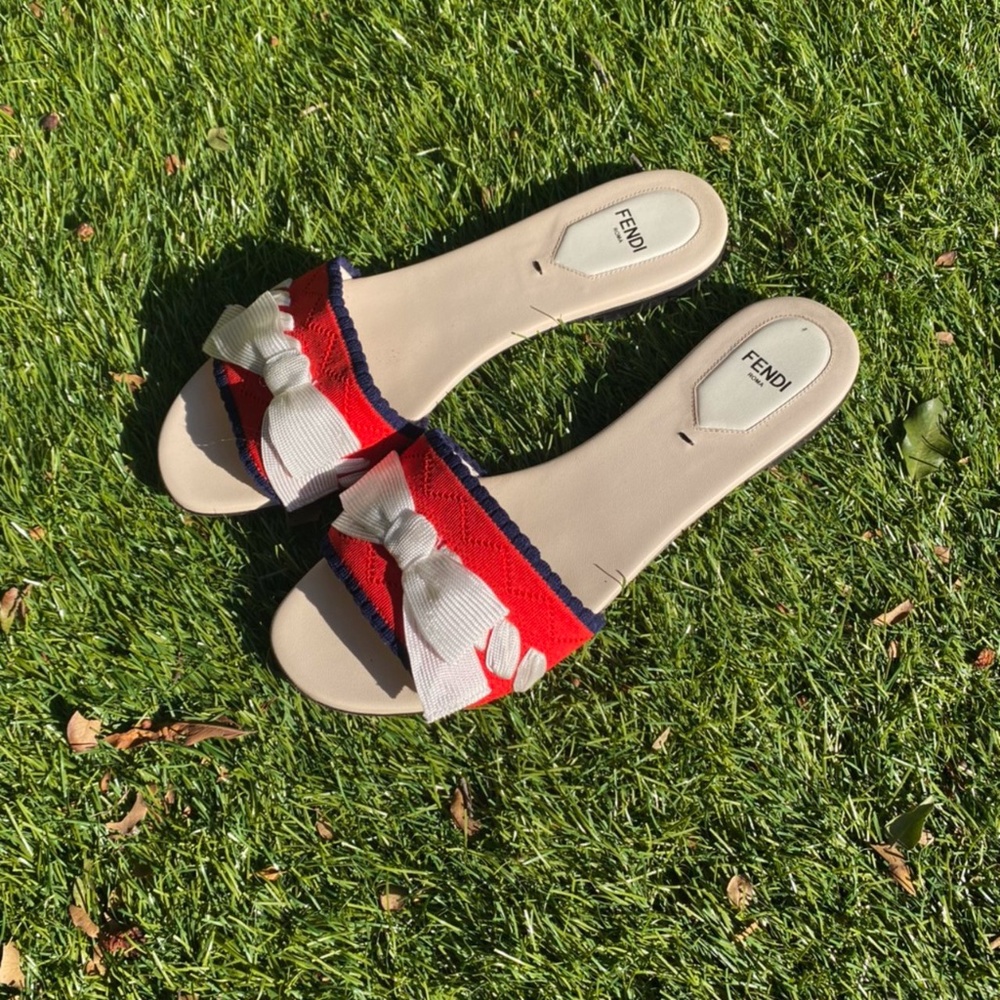 Fendi blue red and white ribbon bow sandals